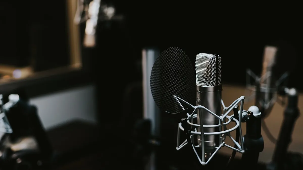 Internet radio broadcasting studio setup with microphone and mixing console